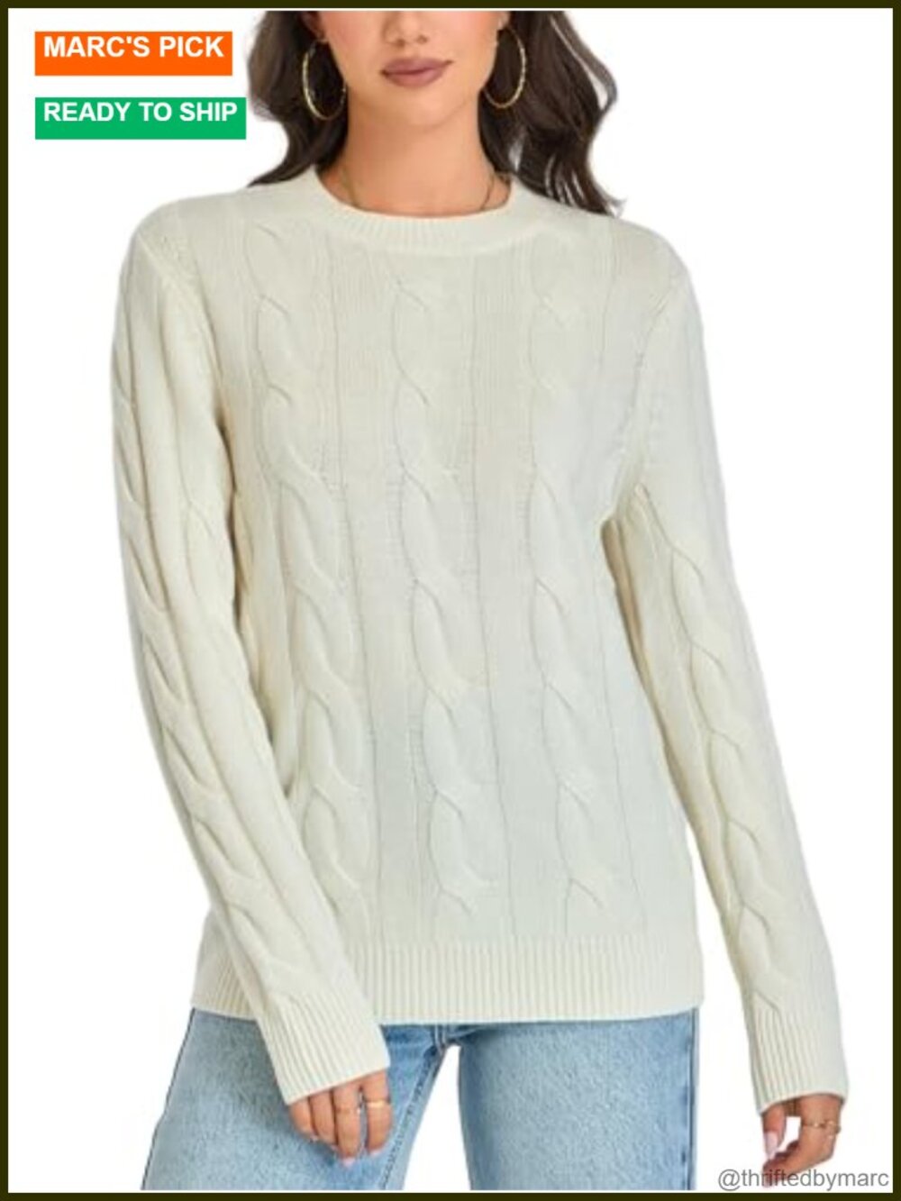 Merino Wool Cable Knit Crewneck Sweater Chunky Pullover